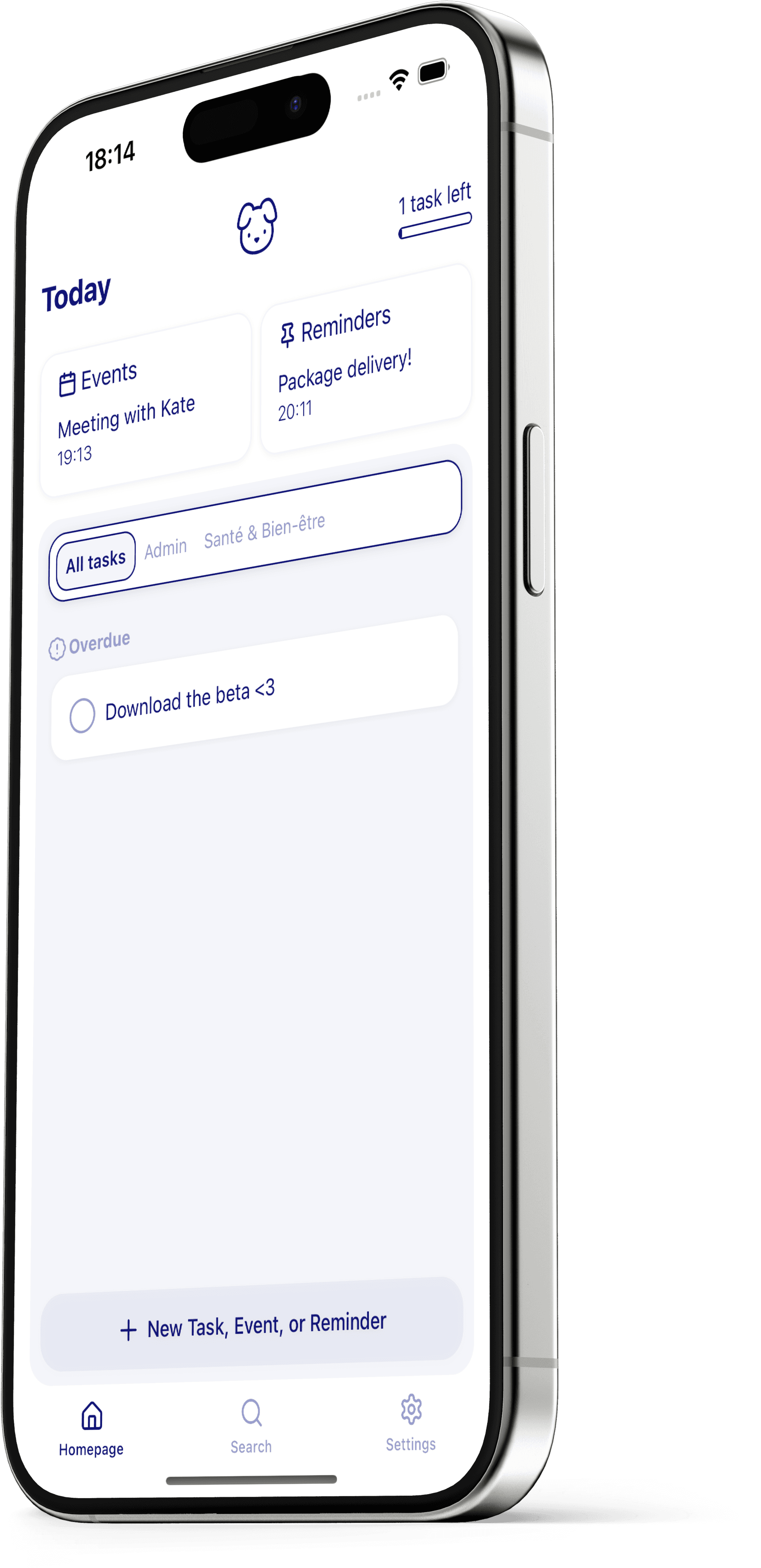 iPhone Mockup showing the homepage of the app 'Pawdo'.